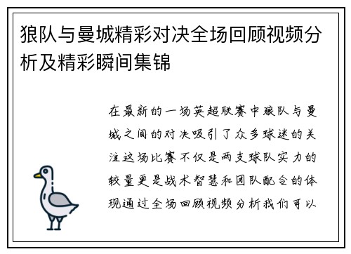 狼队与曼城精彩对决全场回顾视频分析及精彩瞬间集锦
